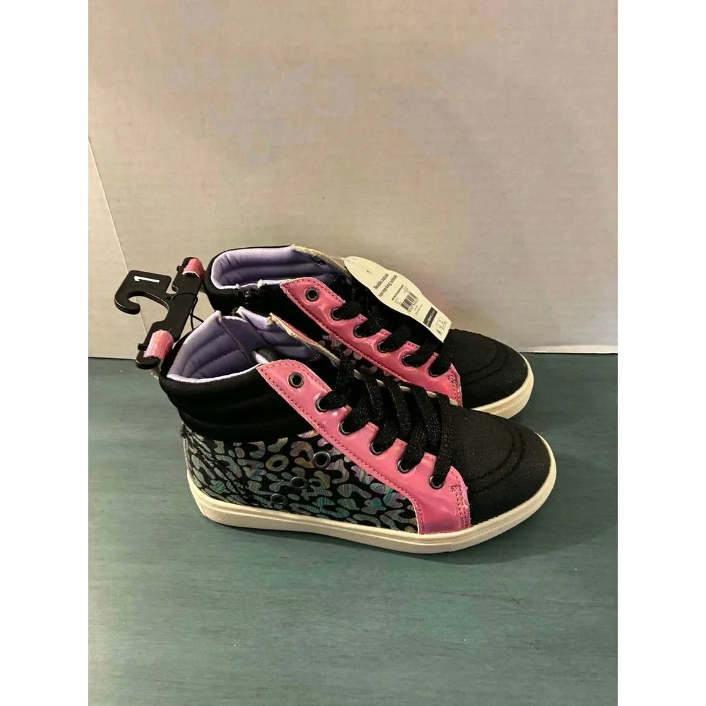 Wonder Nation High Top Sneakers Girls Size 1 Black Pink Leopard Lace Up New